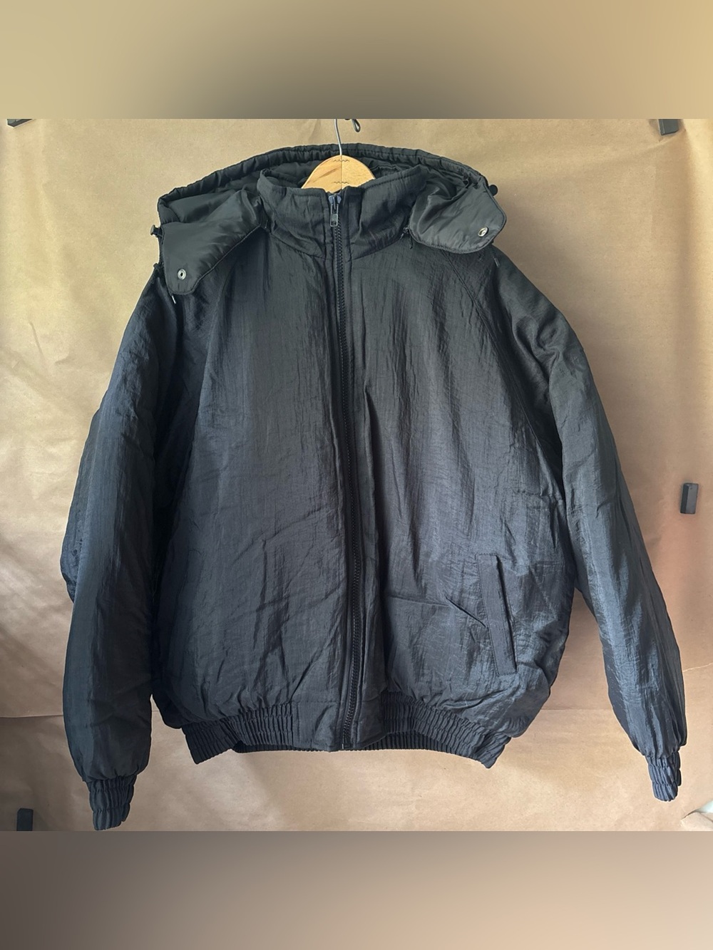 Vintage Fruit Of The Loom Puffer Jacket Coat Zip Hood Black Retro Mens Size XL